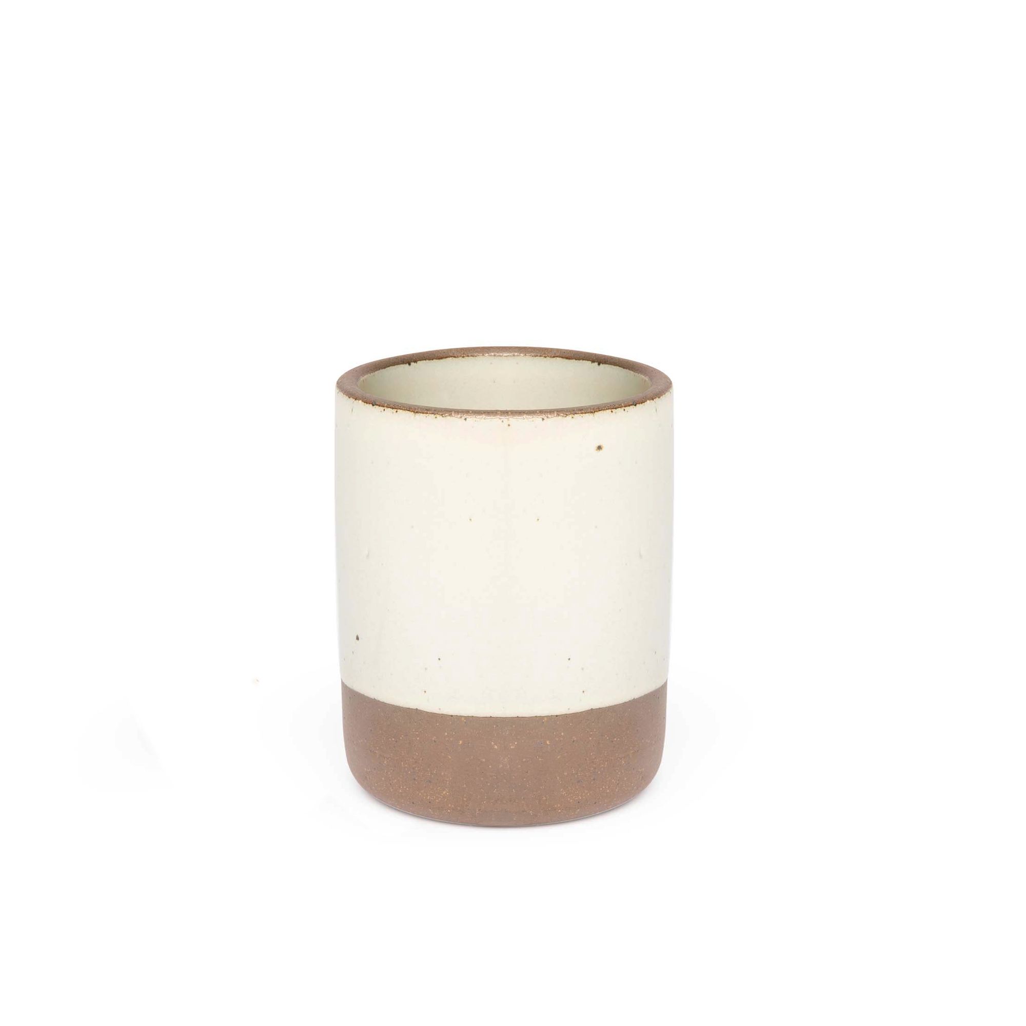 A medium sized ceramic vessel in a warm, off-white color featuring iron speckles and unglazed rim and bottom base.