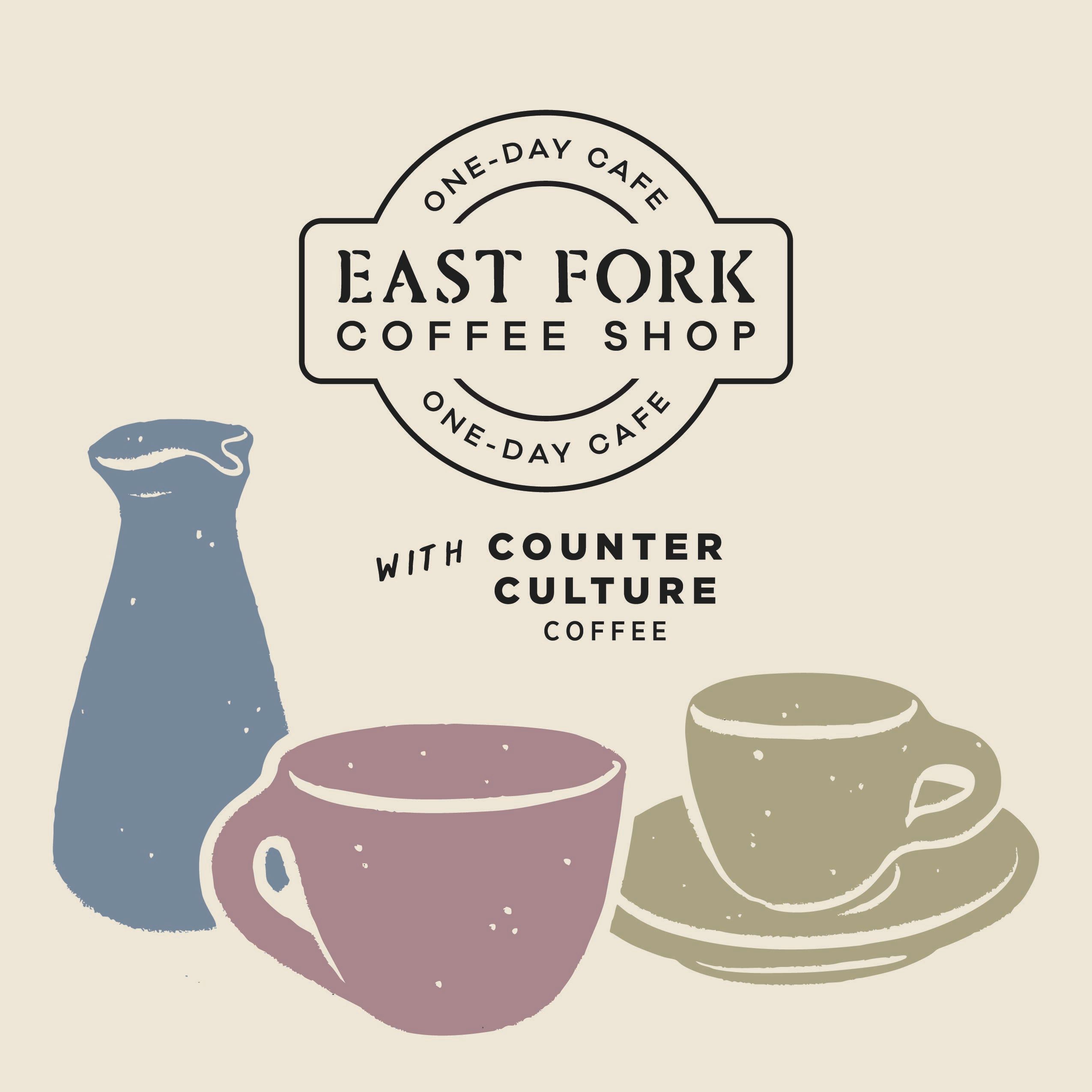 A graphic of illustrated coffee forms with writing that reads "One Day Cafe East Fork Coffee Shop with Counter Culture Coffee"
