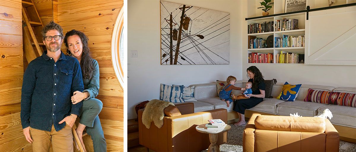 Two photos, the left shows a happy couple smiling in their home, the second is a living room scene where a woman and children are hanging out together on a sectional couch.