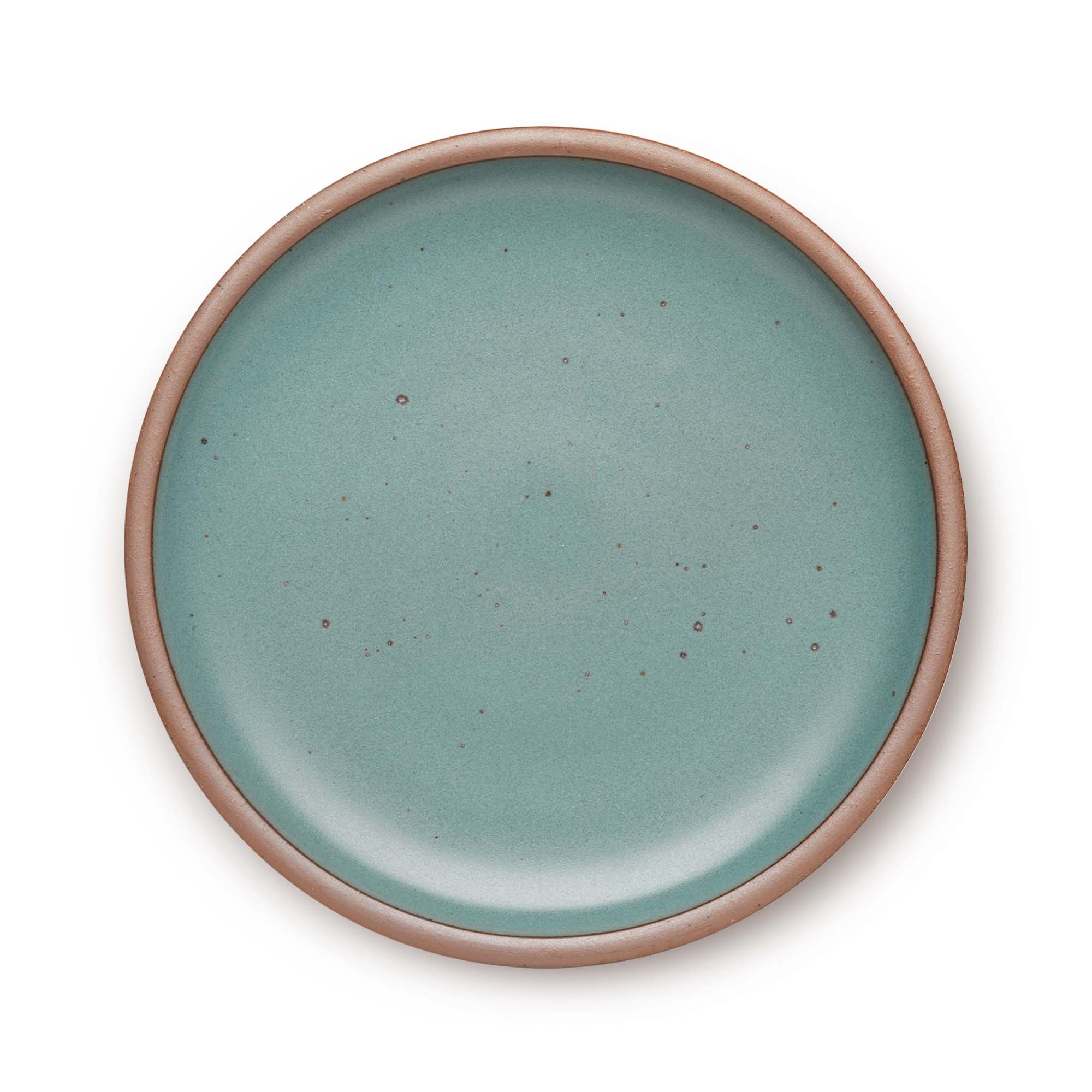 A large ceramic platter in a turquoise color featuring iron speckles and an unglazed rim.