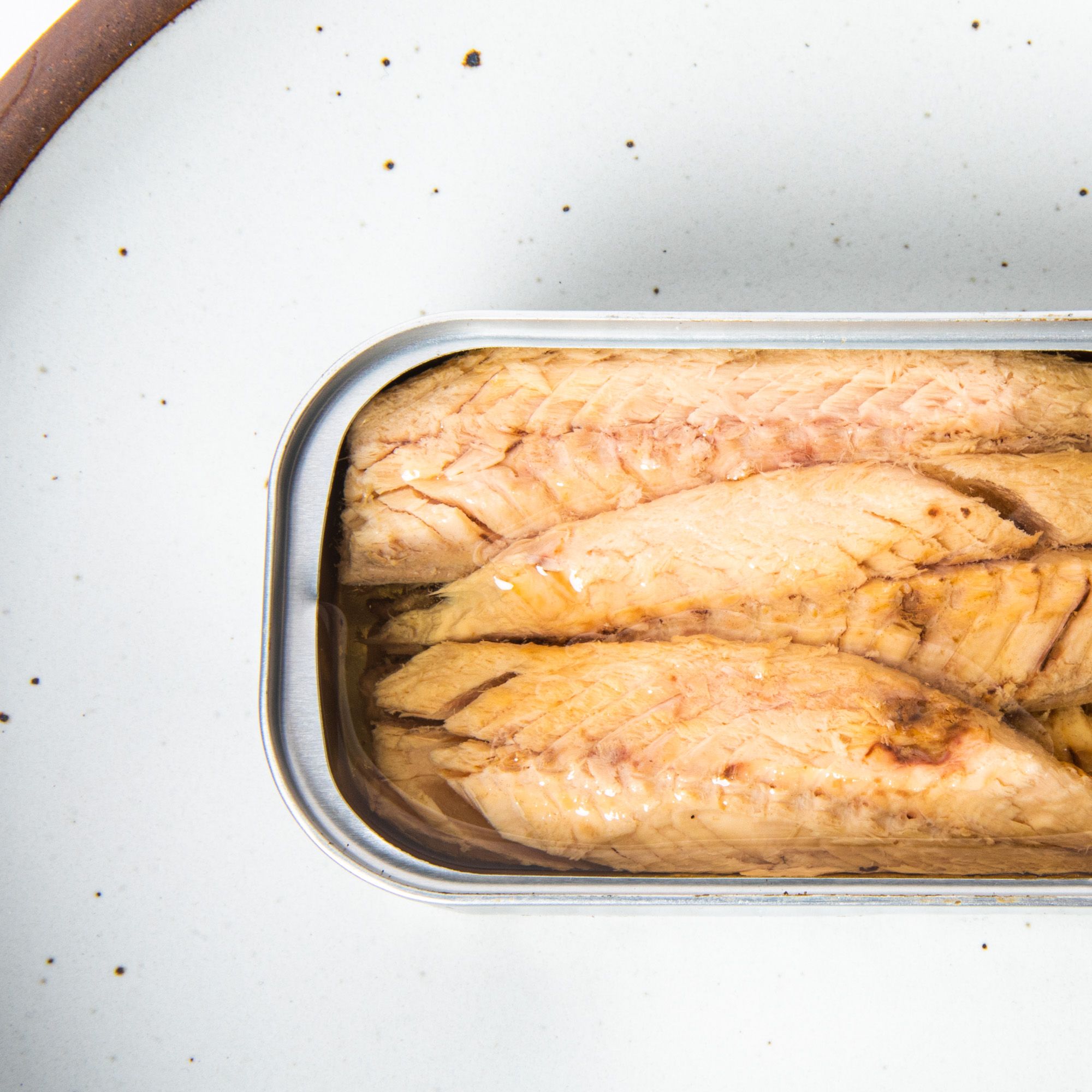 Open tin of mackerel fillets on a white plate