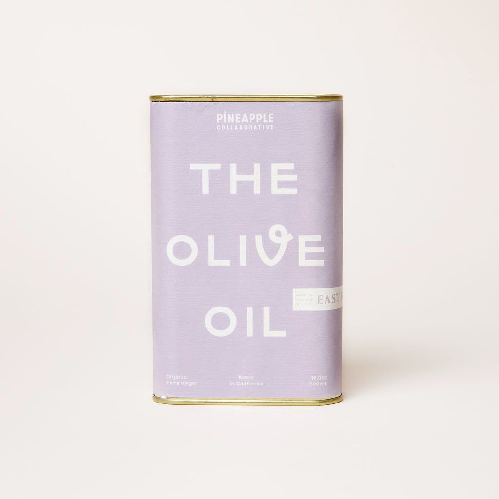 A purple can of olive oil