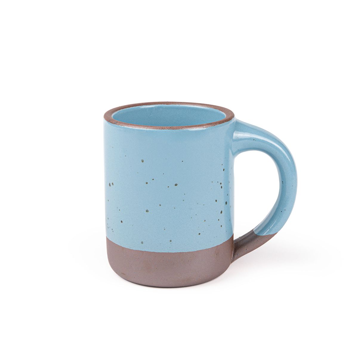 A big sized ceramic mug with handle in a robin's egg blue color featuring iron speckles and unglazed rim and bottom base.