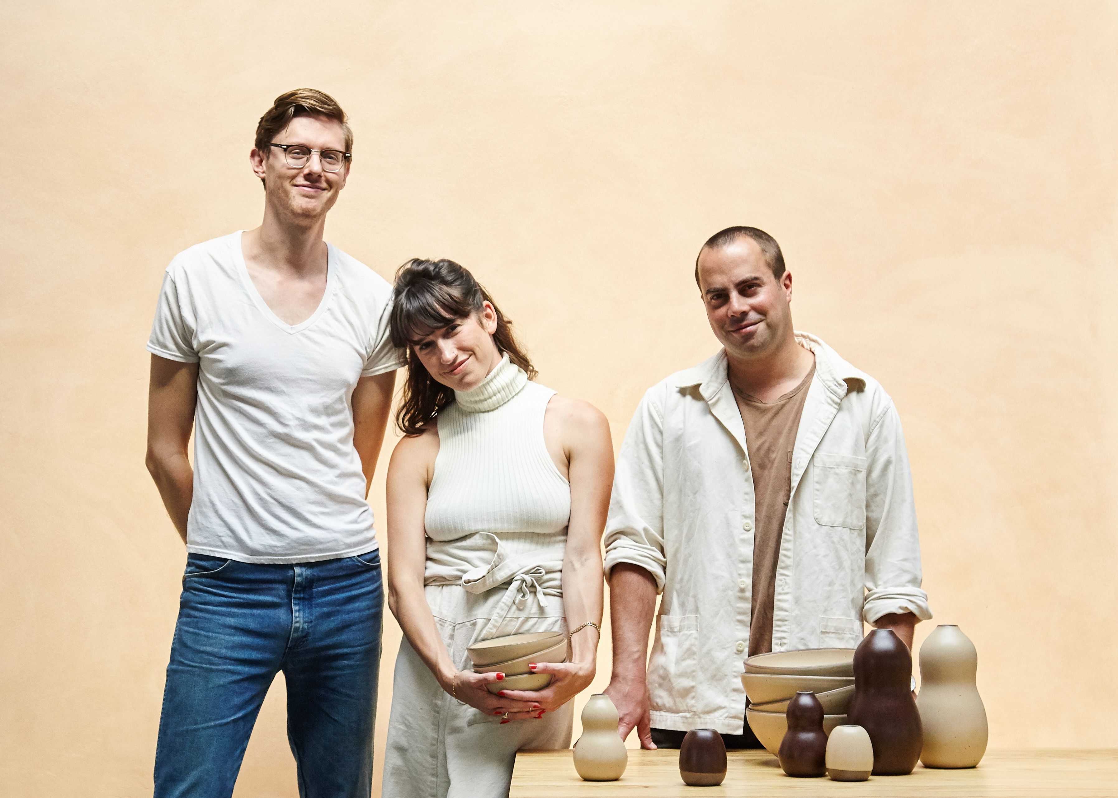 John Vigeland, Connie Matisse & Alex Matisse posing with East Fork Pottery