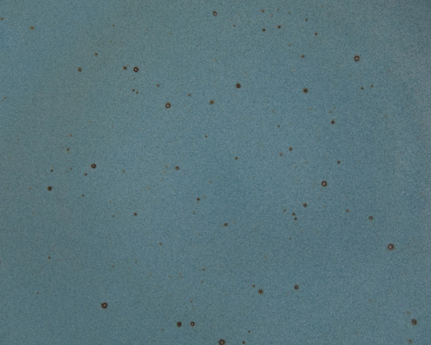 A closeup of a ceramic plate in a turquoise color with iron speckles throughout