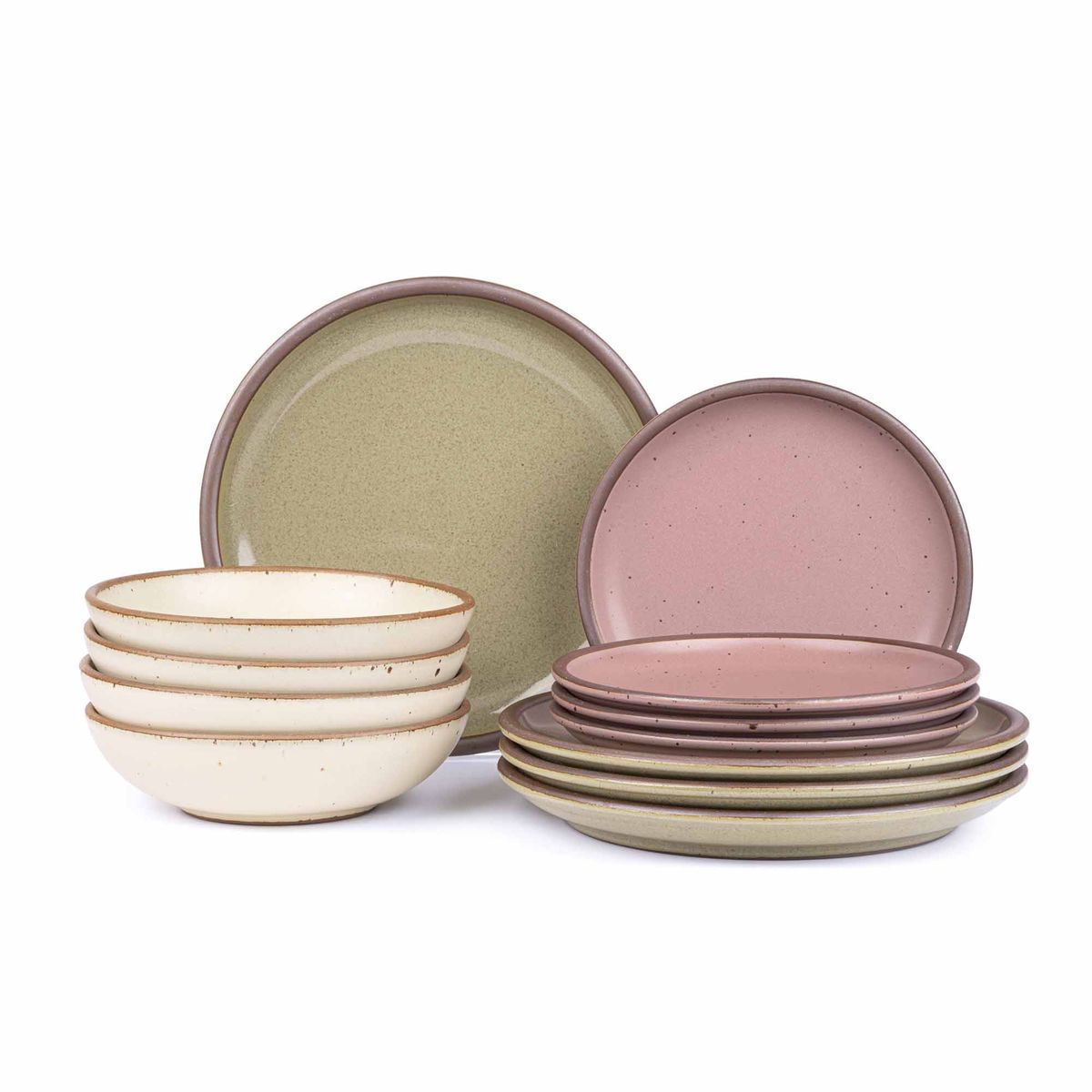 4 ceramic dinner plates in reflective dappled grey-green, 4 side plates in dusty mauve pink, and 4 shallow dinner bowls in warm off-white with iron speckles and unglazed rims.