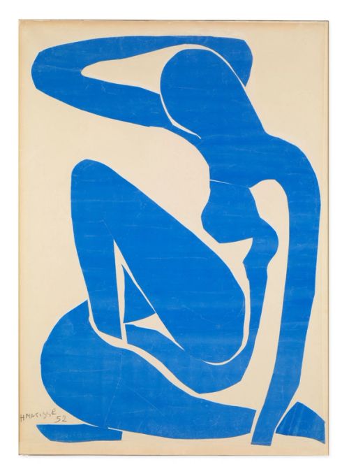 Original artwork, Nu bleu, I, by Henri Matisse, a bright blue, abstract, silhouetted female figure in a curled, seated position, with sharp cut-out edges, set against an off-white background.