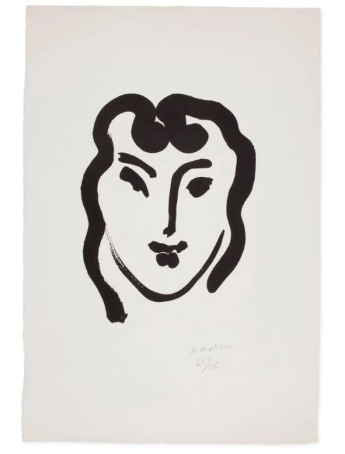 Original artwork by Henri Matisse, Patitcha souriante, a minimalist black ink painting of a woman's smiling face in an abstract, expressive style on an off-white background.