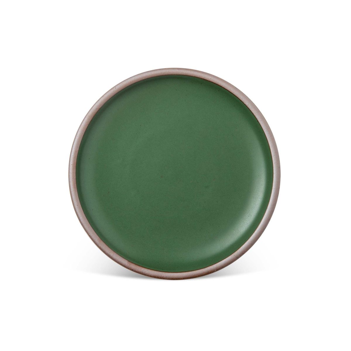 A dinner sized ceramic plate in a deep, verdant green color featuring iron speckles and an unglazed rim