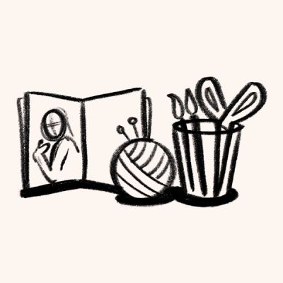 A crayon illustration of yarn, a cup with paint brushes and scissors, and a drawing in a notebook.