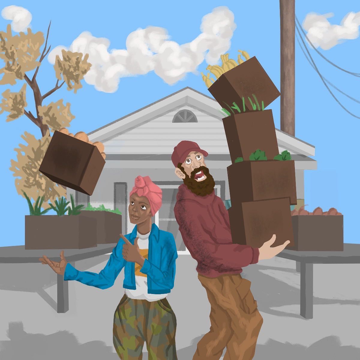An illustration of a man and a woman holding stacks of boxes filled with groceries.