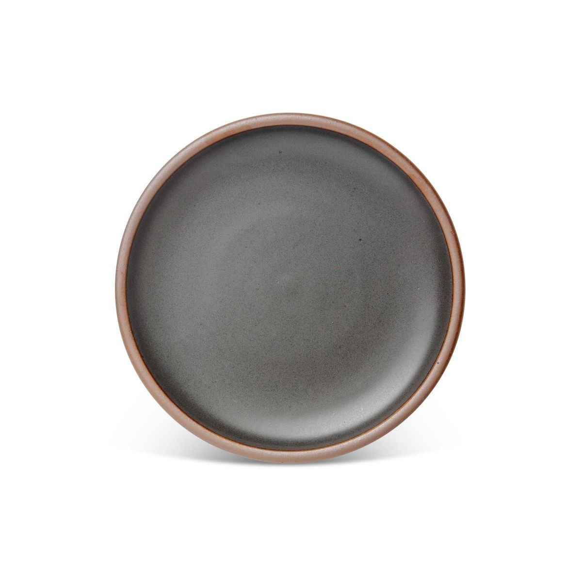 A dinner sized ceramic plate in a cool, medium grey color featuring iron speckles and an unglazed rim