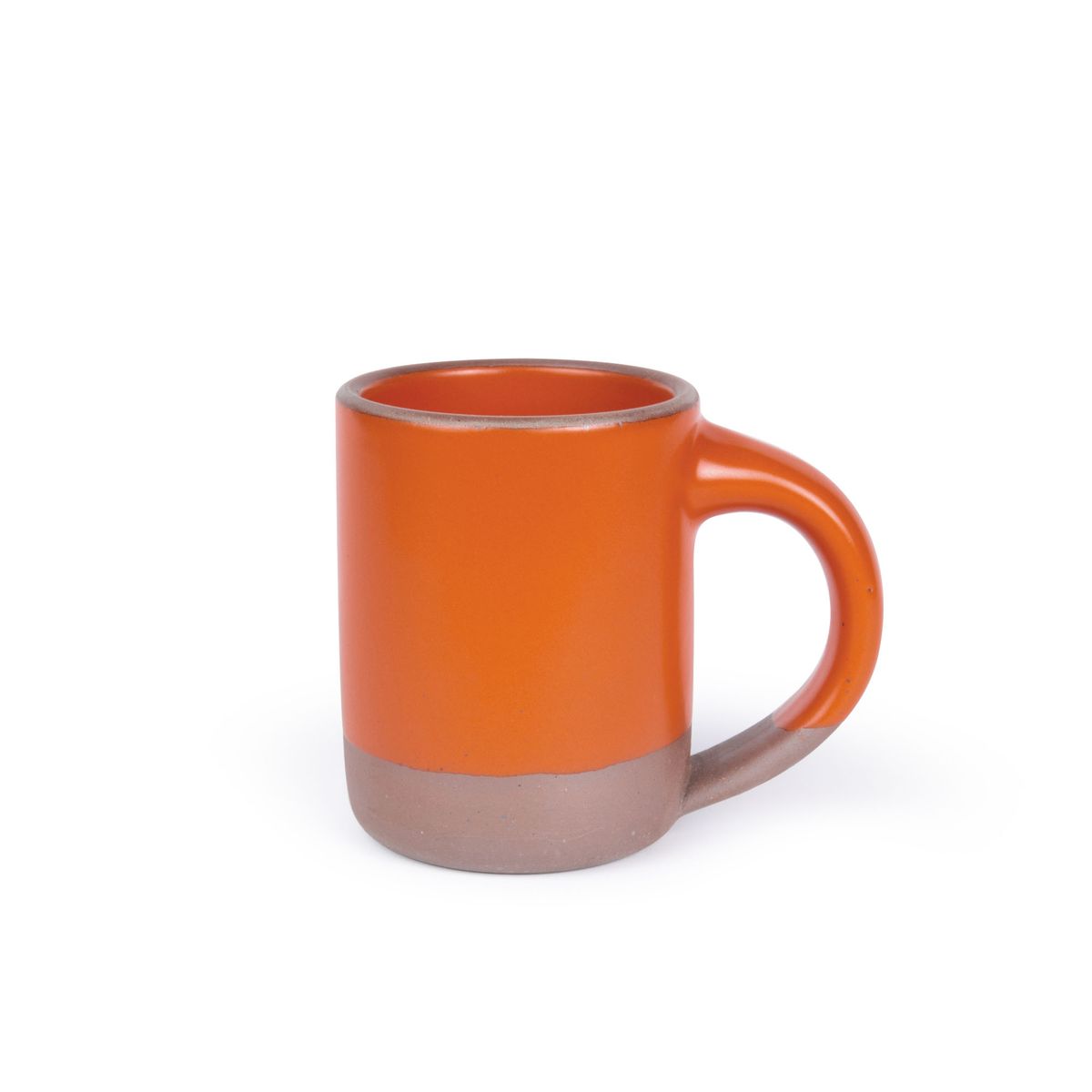 A medium sized ceramic mug with handle in a bold orange color featuring iron speckles and unglazed rim and bottom base.