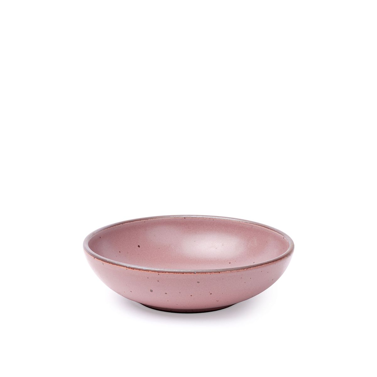 A dinner-sized shallow ceramic bowl in a dusty mauve pink color featuring iron speckles and an unglazed rim