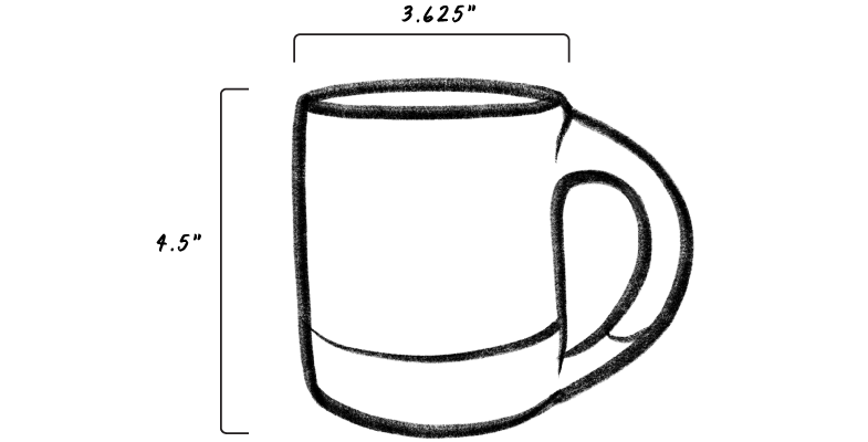 The Big Mug drawing with dimensions, 4.5 inch by 3.625 inch