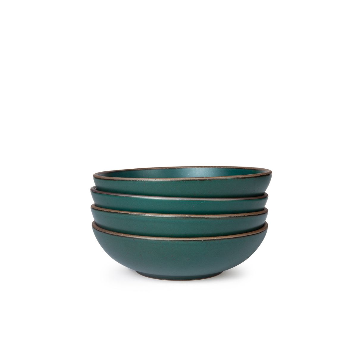A stack of 4 dinner-sized shallow ceramic bowls in a deep dark teal color featuring iron speckles and an unglazed rim