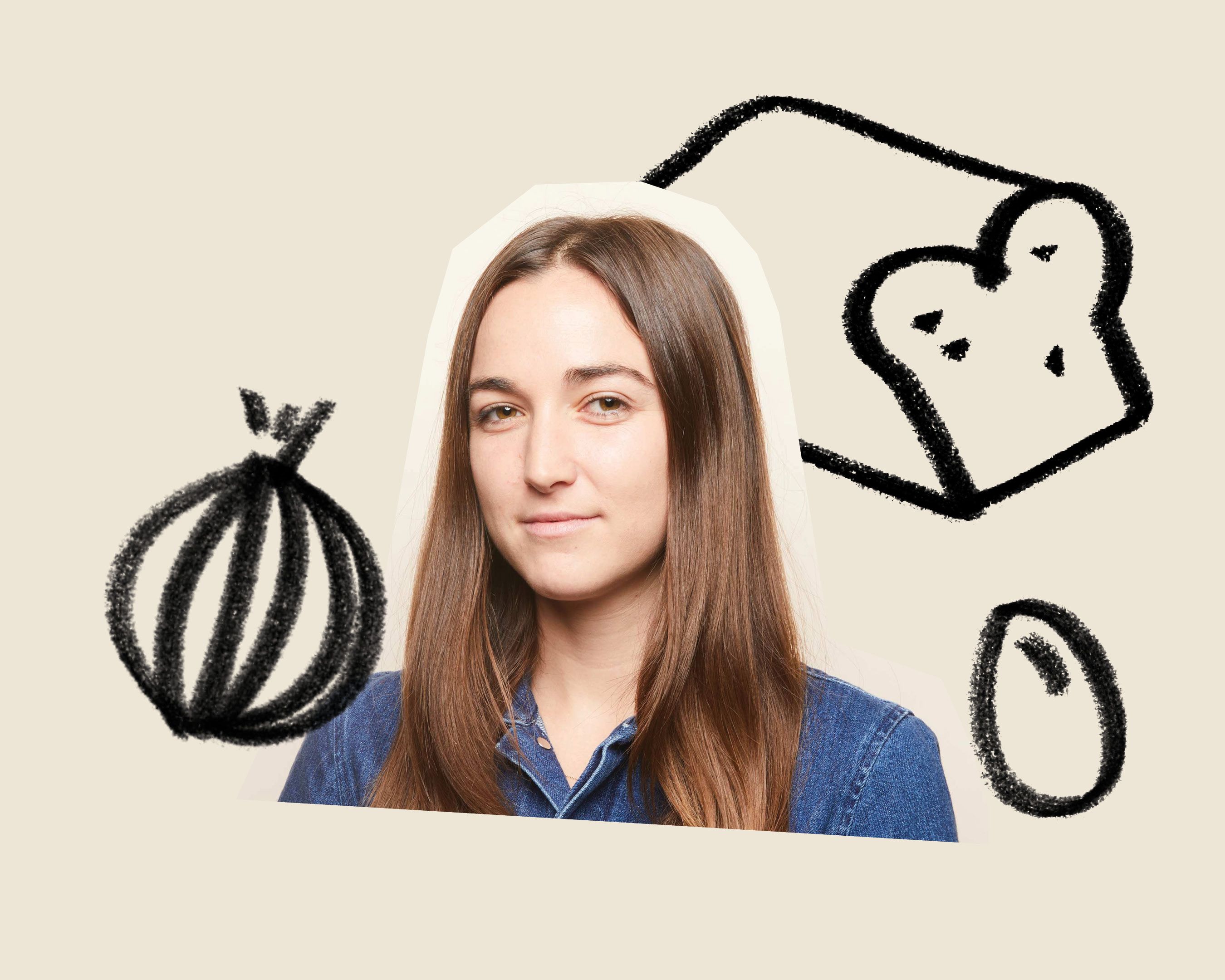 A cut-out photo of a woman smiling with crayon drawings of food against a neutral background.