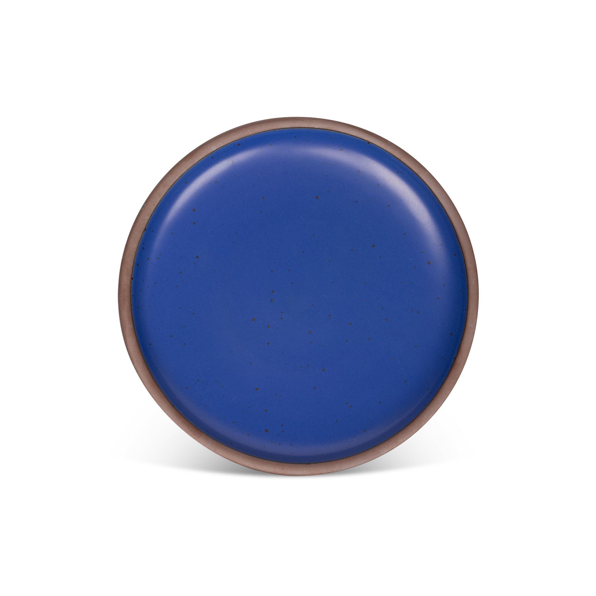 A dinner sized ceramic plate in a cobalt blue color featuring iron speckles and an unglazed rim