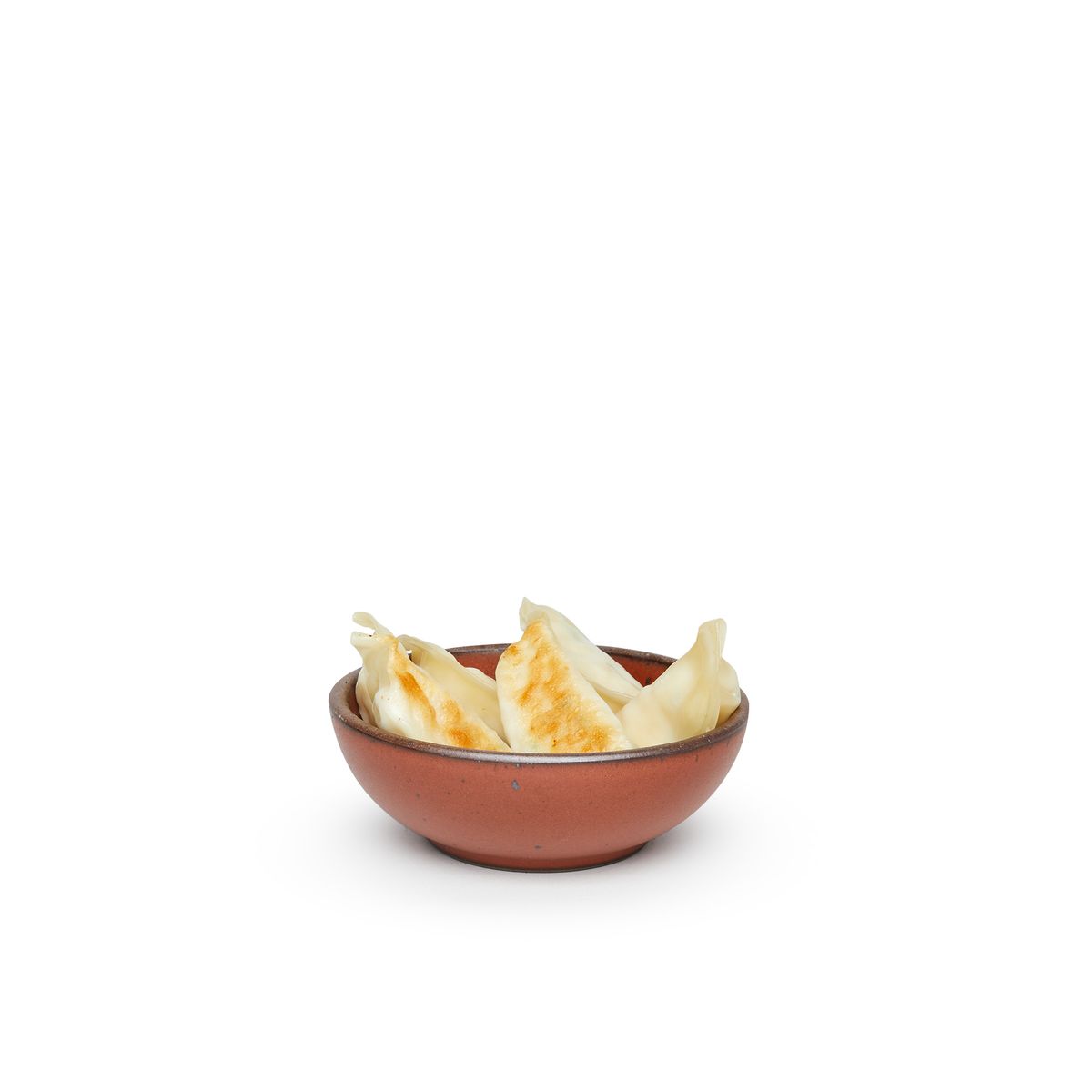 Dumplings in a small shallow ceramic bowl in a cool burnt terracotta color featuring iron speckles and an unglazed rim