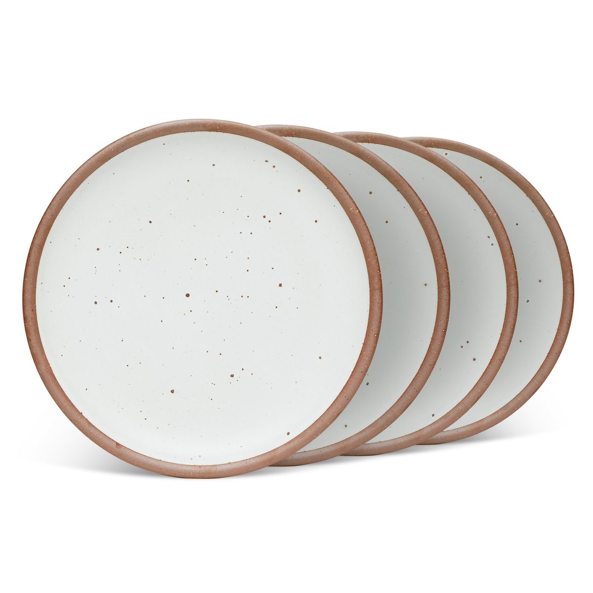 4 dinner sized ceramic plates in a cool white color featuring iron speckles and an unglazed rim