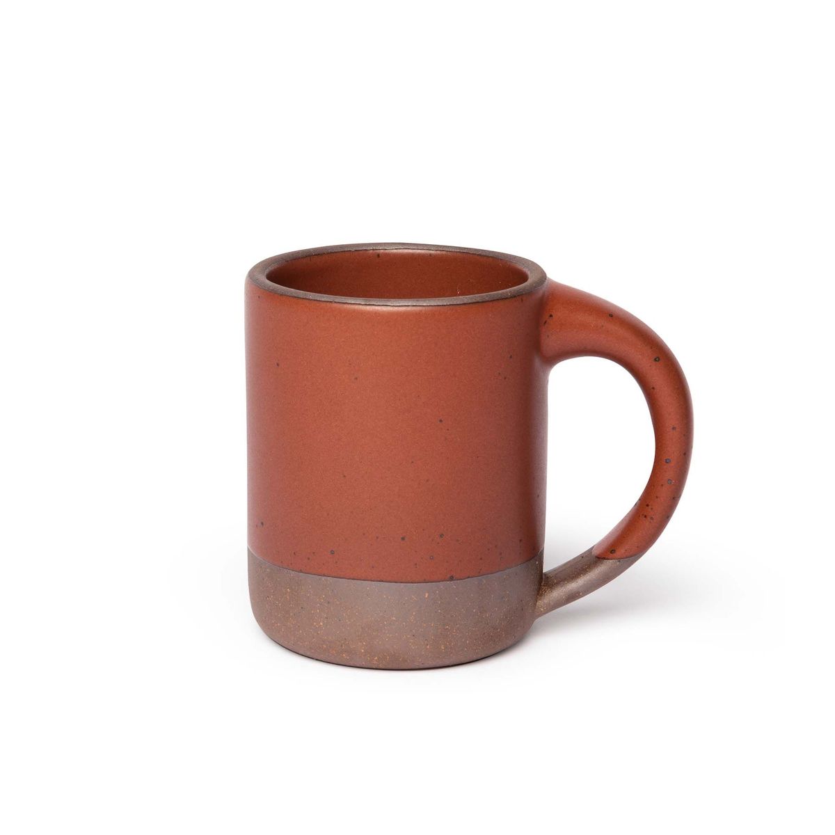 A big sized ceramic mug with handle in a cool burnt terracotta glaze featuring iron speckles and unglazed rim and bottom base.