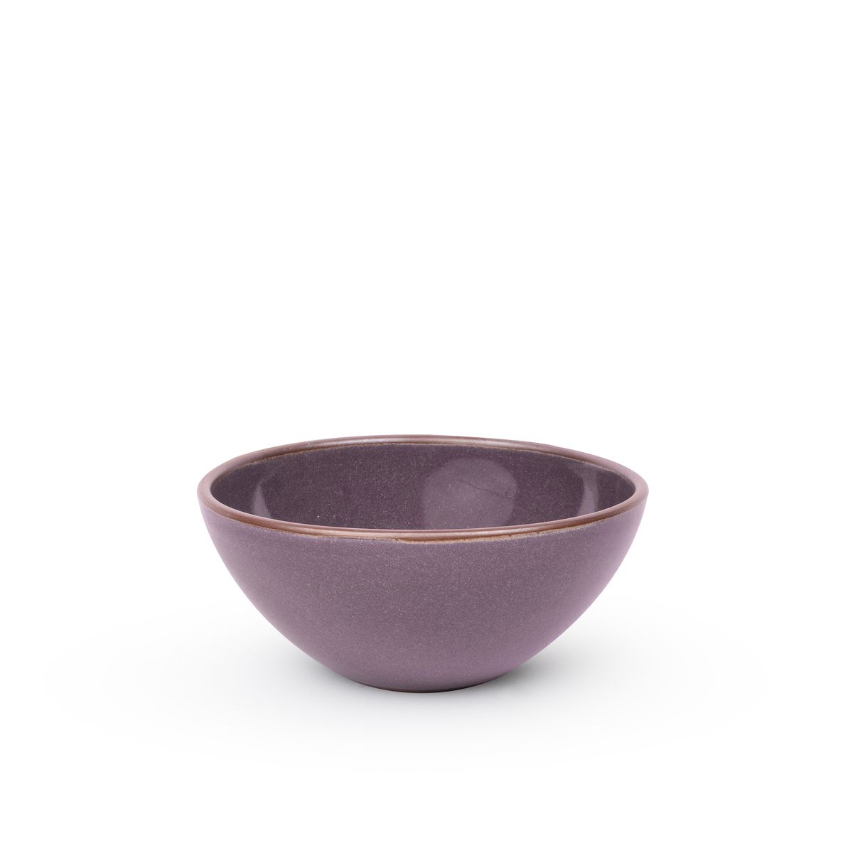 A medium rounded ceramic bowl in a purple color with a soft glowing sheen and an unglazed rim