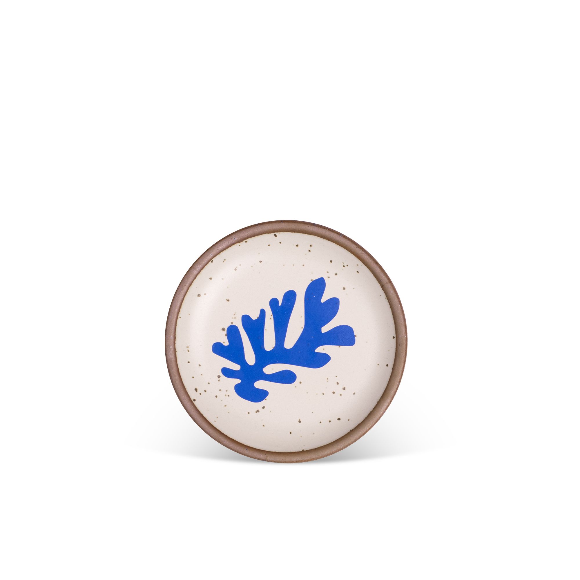 Abstract shape of a leaf in bright blue, centered on an off-white ceramic plate with an unglazed rim.