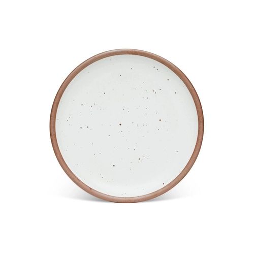 A dinner sized ceramic plate in a cool white color featuring iron speckles and an unglazed rim.