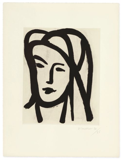 Original artwork, Bédouine au grand voile, by Henri Matisse. A minimalist black ink painting of a woman's face wearing a large veil depicted by bold brushstrokes in an abstract, expressive style on an off-white background.