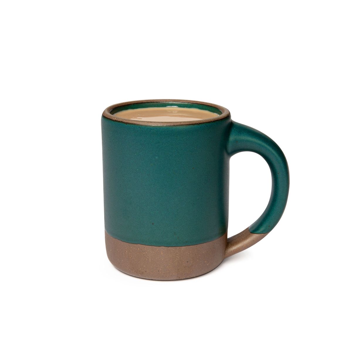 A big sized ceramic mug with handle in a deep, dark teal color featuring iron speckles and unglazed rim and bottom base. The mug has coffee inside.