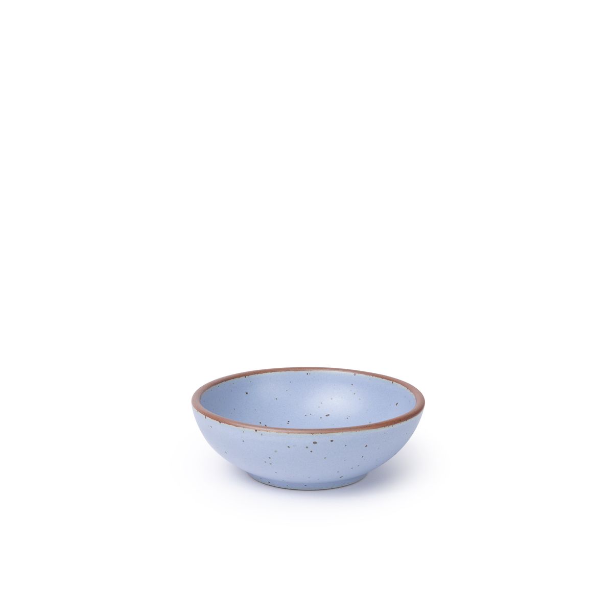 A small shallow ceramic bowl in a periwinkle color featuring iron speckles and an unglazed rim