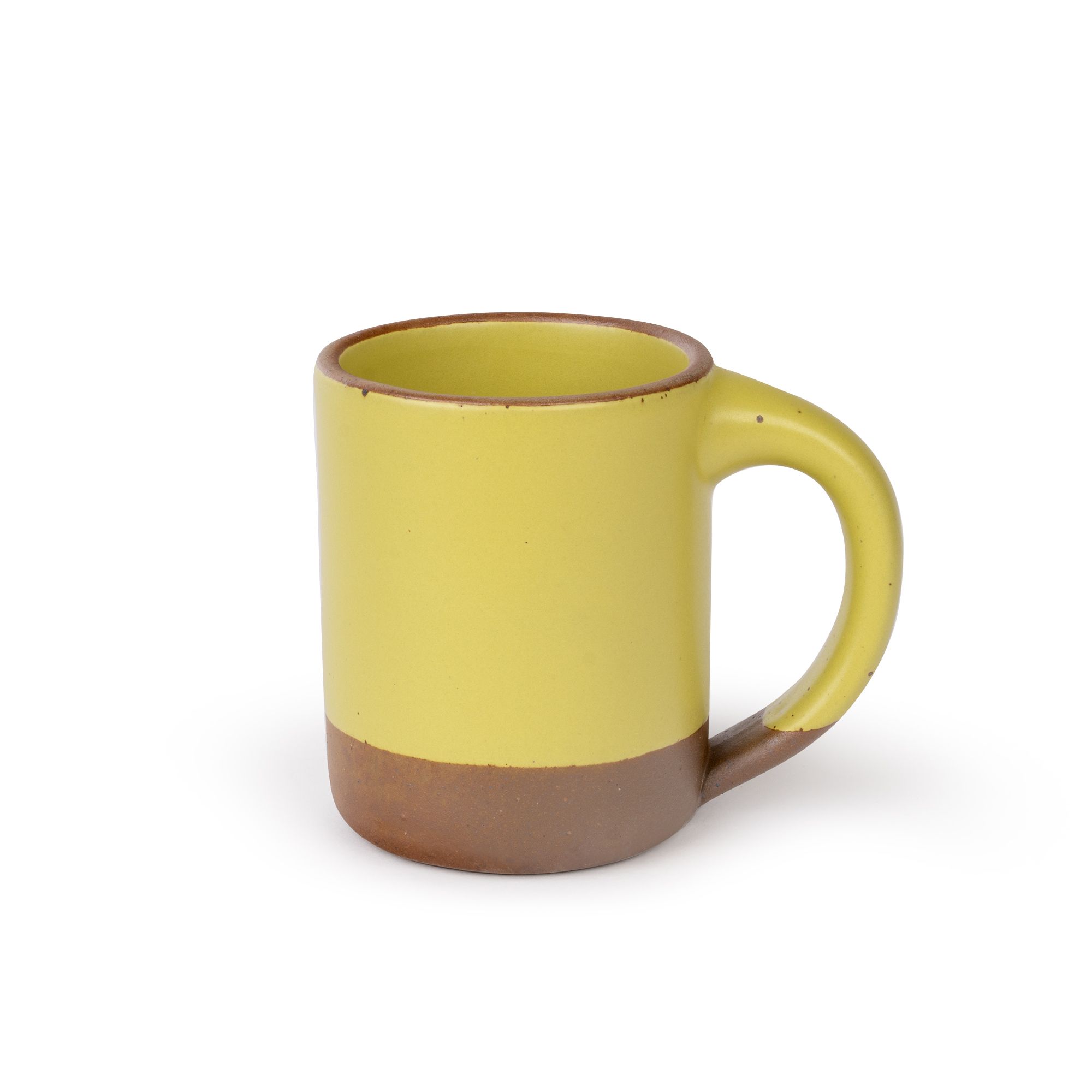 A big sized ceramic mug with handle in a zesty yellow color featuring iron speckles and unglazed rim and bottom base.