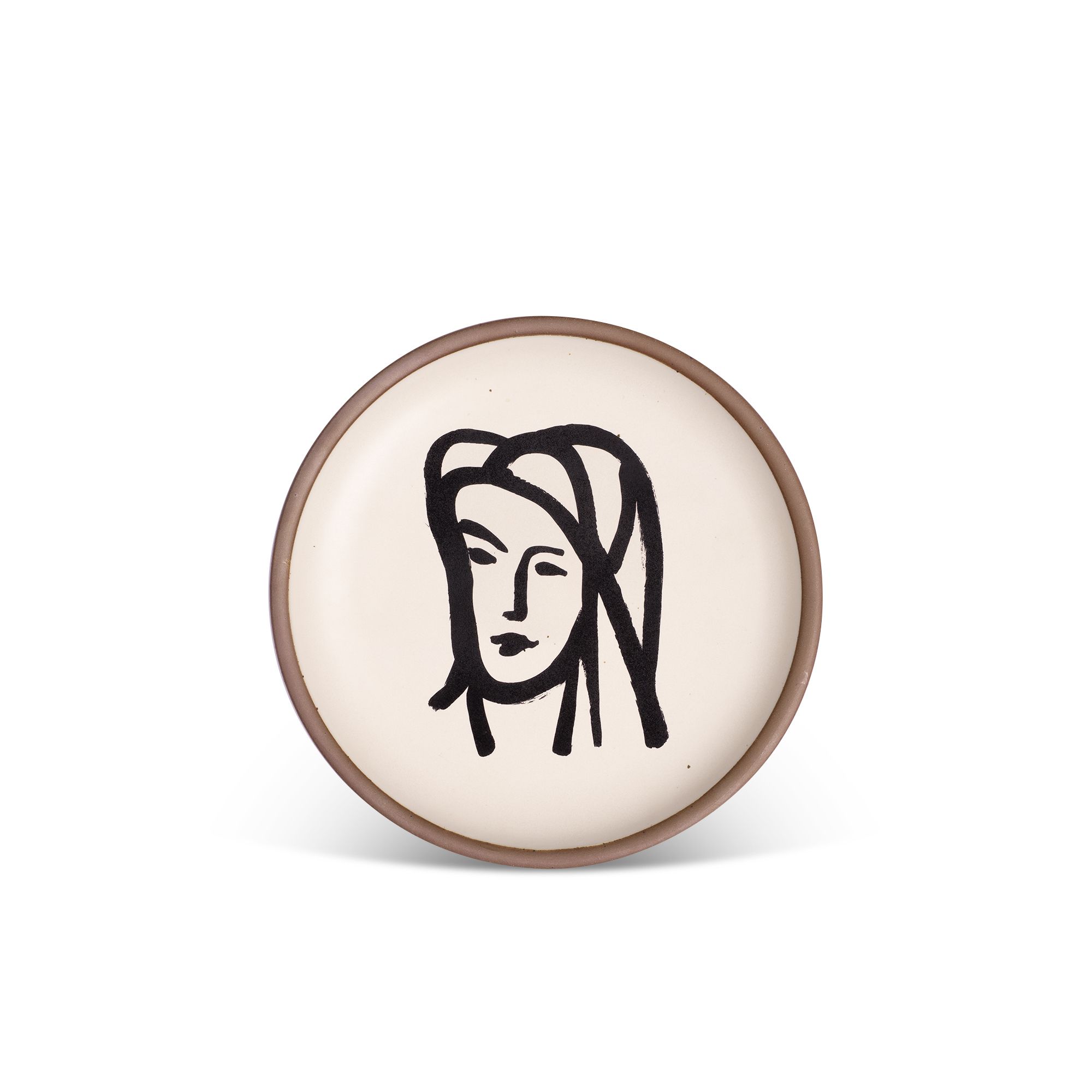 A minimalist black ink decal of a woman's face wearing a large veil depicted by bold brushstrokes in an abstract, expressive style centered on an off-white ceramic plate with an unglazed rim.