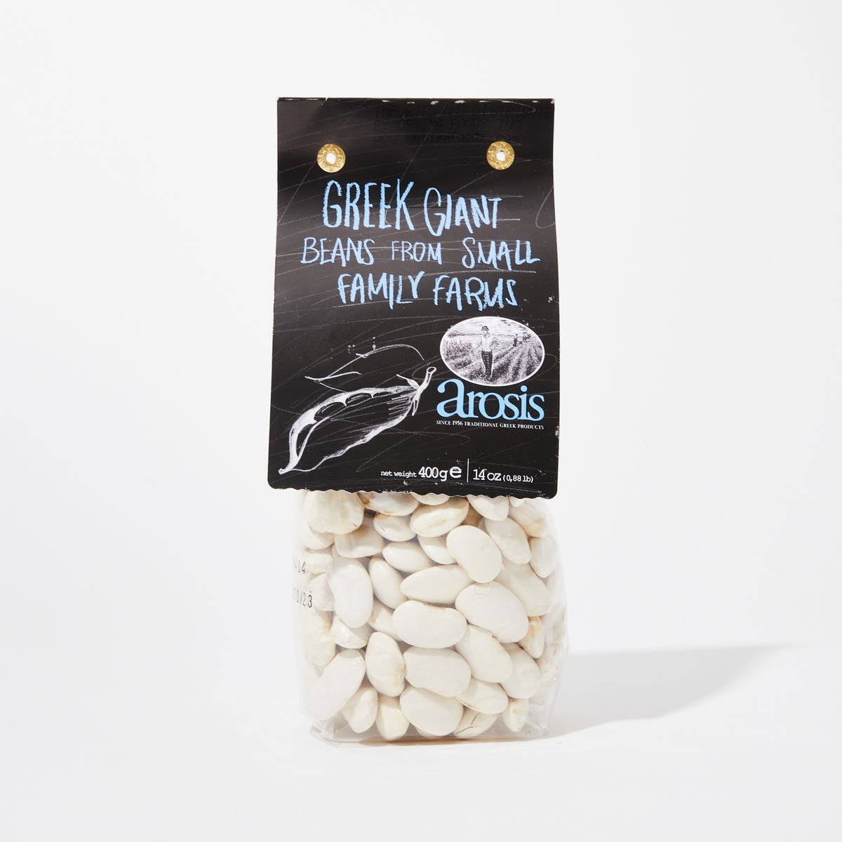 Clear bag of white gigante beans with a black label that reads "Greek Giant Beans from Small Family Farms"