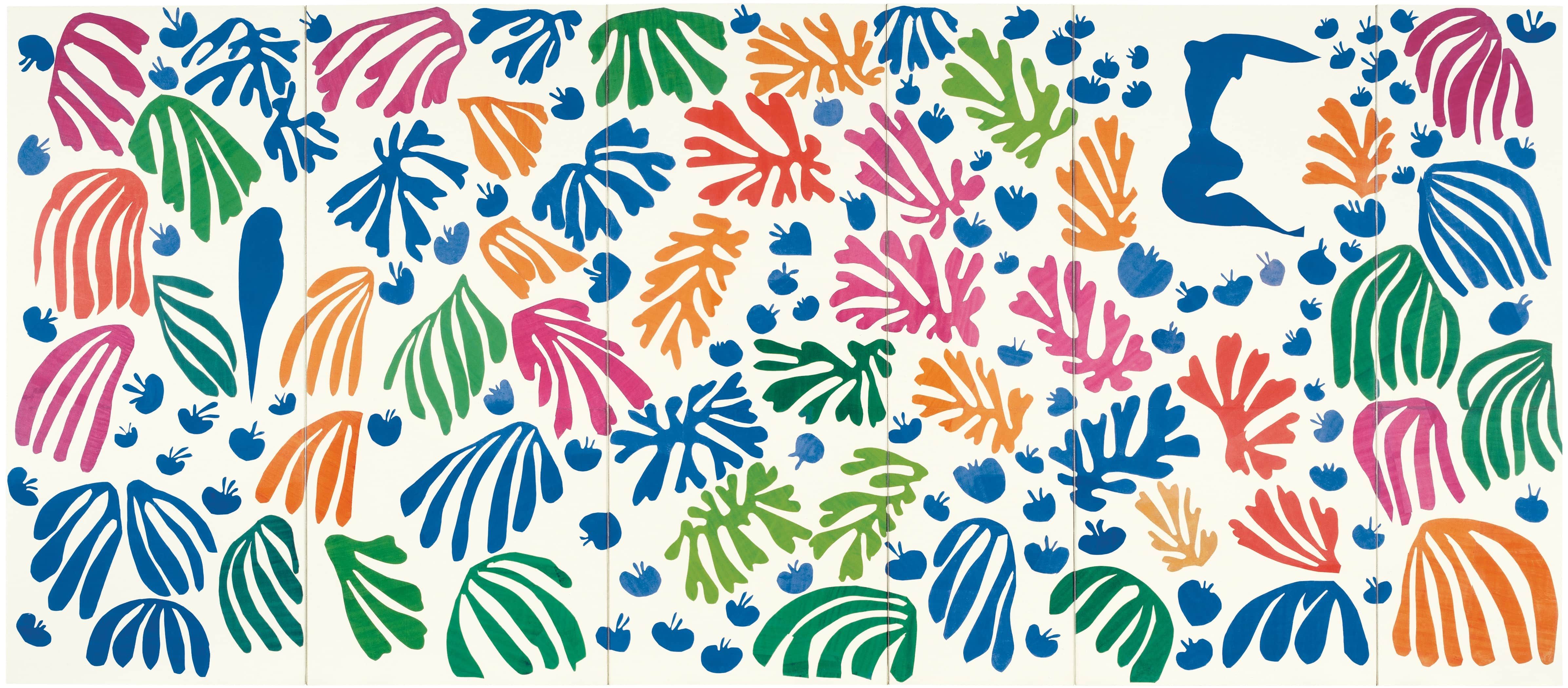 The original artwork, La Perruche et la sirène, by Henri Matisse, featuring colorful abstract shapes of leaves and pomegranates in blues, greens, oranges and pinks and a parakeet and mermaid in blue, on white background.