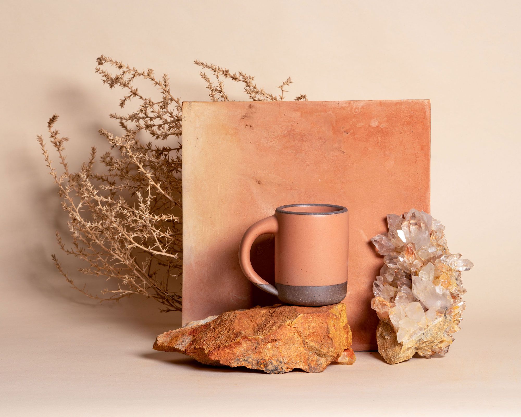 An East Fork Mug in Utah, a soft nude color, photographed with crystals, tumbleweed and other mementos of the desert of which this glaze was named.