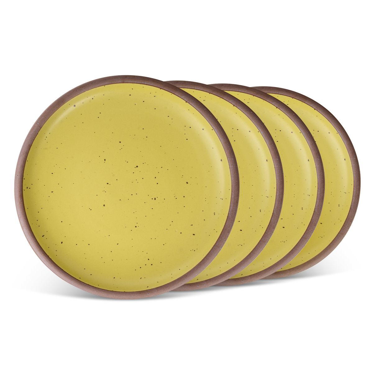 4 dinner sized ceramic plates in a zesty yellow color featuring iron speckles and an unglazed rim