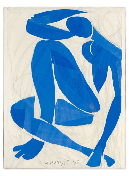 Original artwork, Nu bleu, IV, by Henri Matisse, a bright blue, abstract, silhouetted female figure in a curled, seated position, with sharp cut-out edges, set against an off-white background.