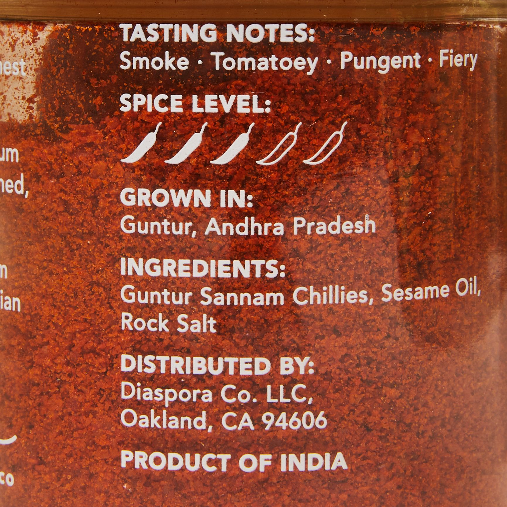 Label that shows tasting notes, spice level, place of origin and ingredients