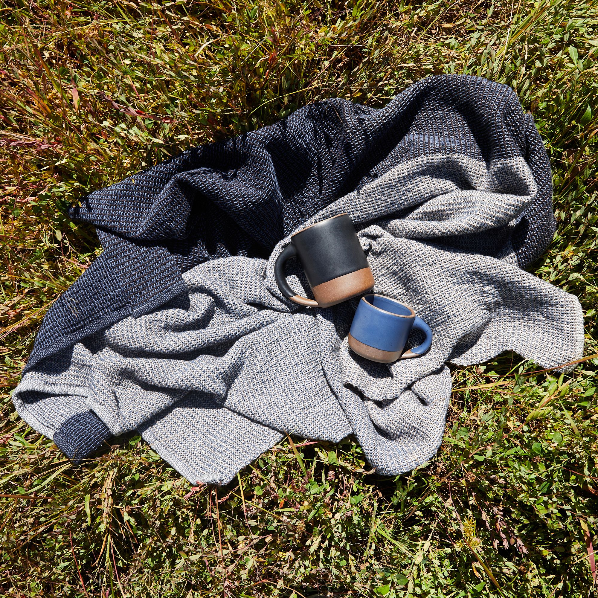 Two mugs, one blue, one black, resting on top of a blue, white, and black woven lap blanket nestled in tall grass