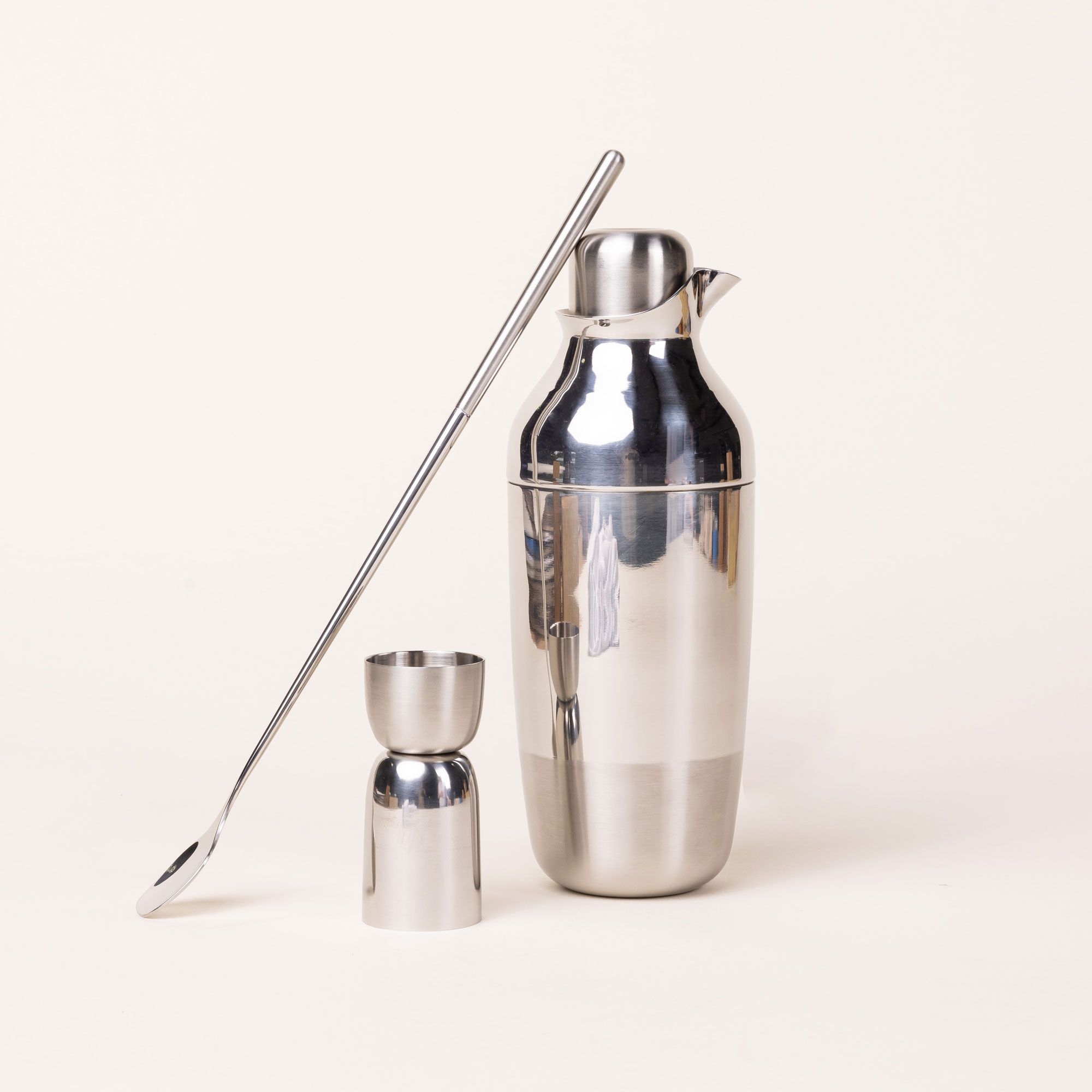 The Mescola Cocktail Set (including a stainless steel shaker, jigger, and cocktail spoon)