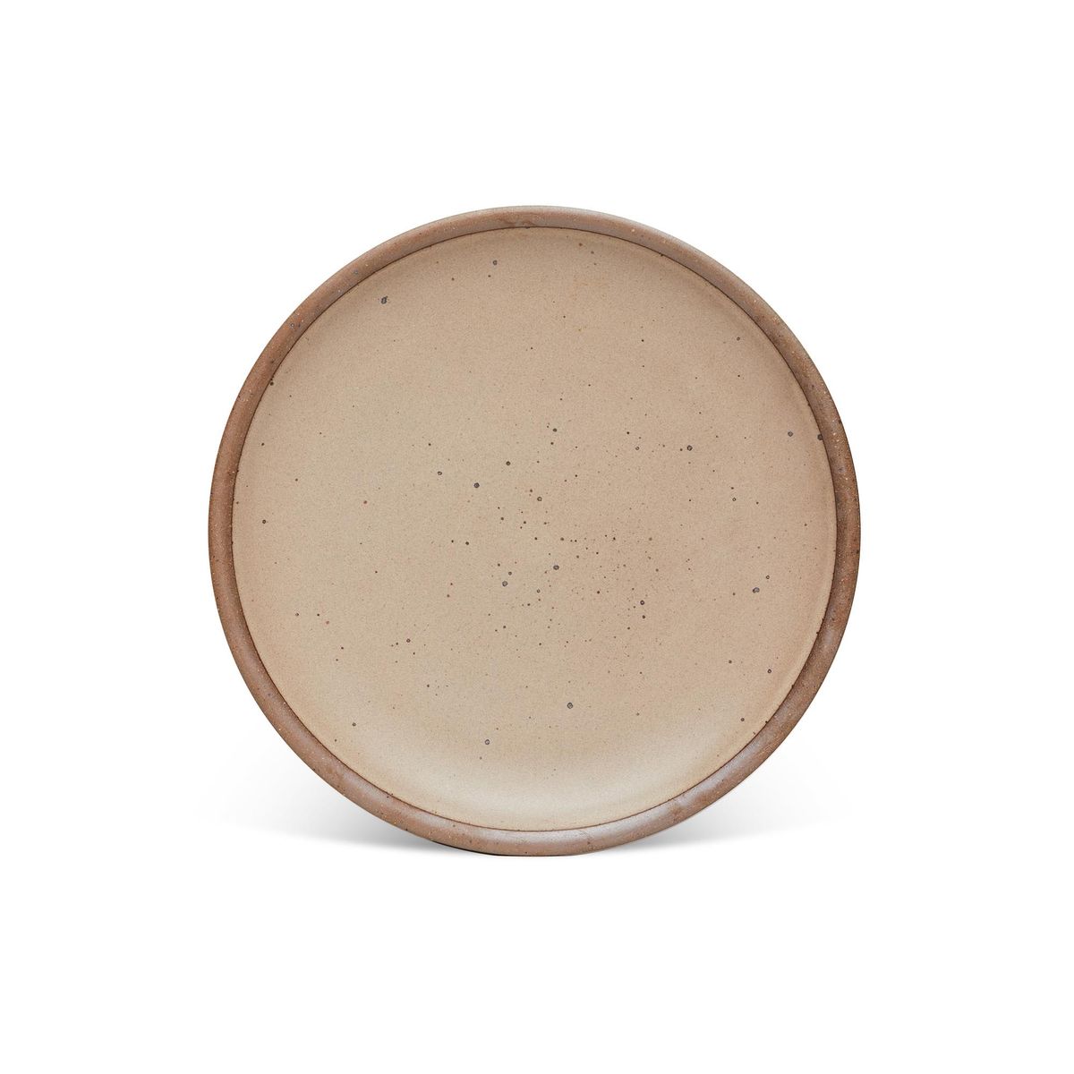 A dinner sized ceramic plate in a warm pale brown color featuring iron speckles and an unglazed rim.