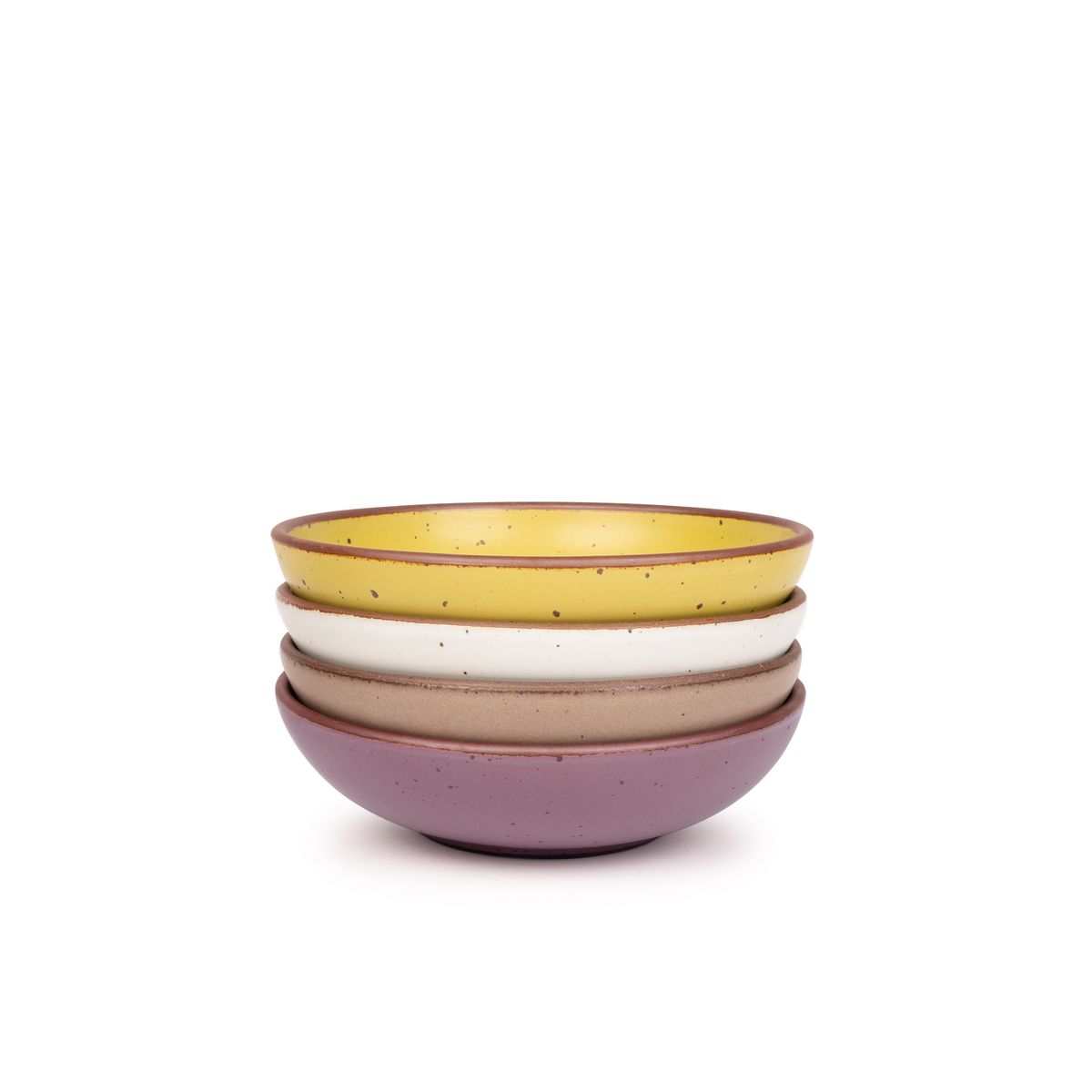 A stack of 4 dinner-sized shallow ceramic bowls in a soft mauve purple, zesty yellow, cool white, and warm pale brown colors featuring iron speckles and an unglazed rim