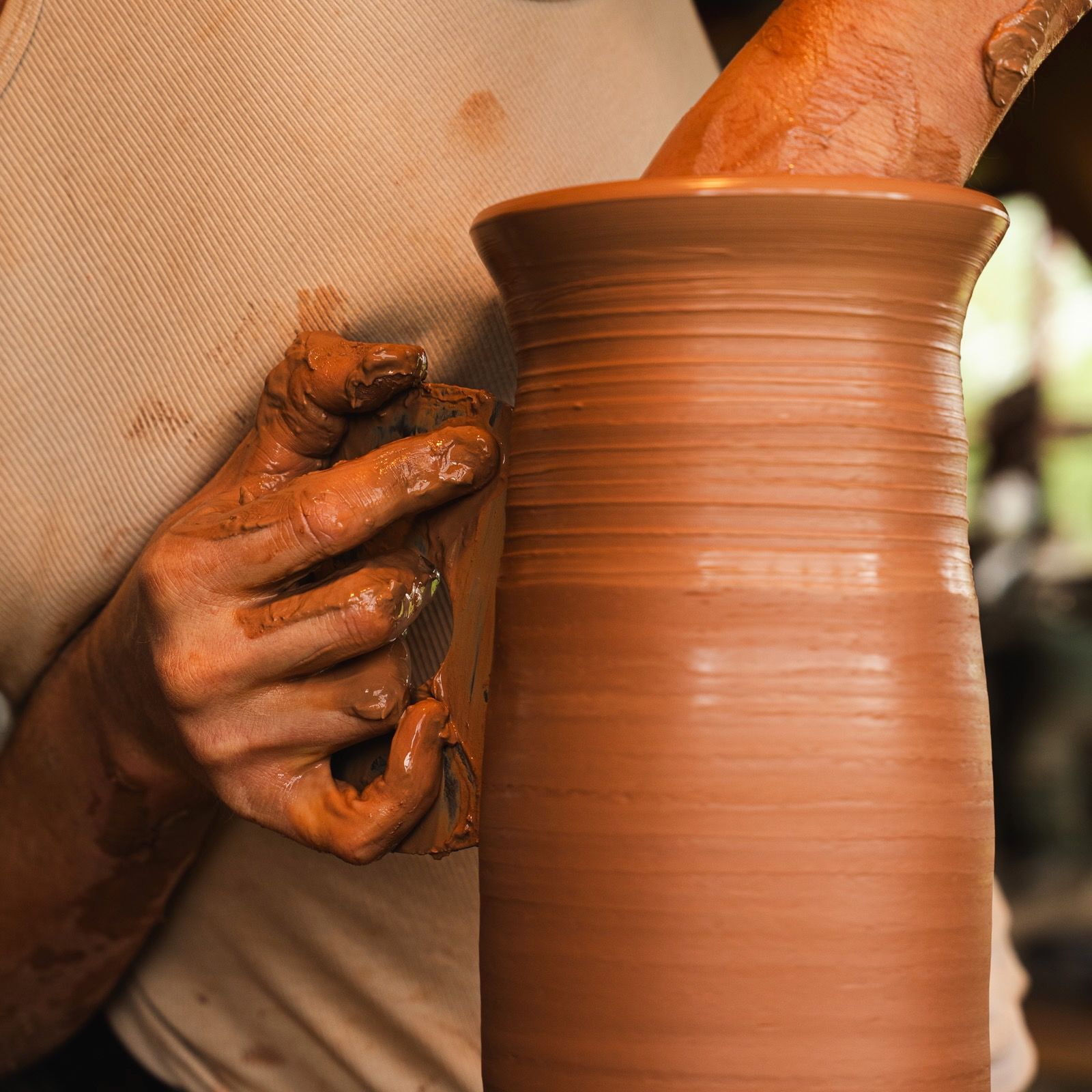 A closeup of hands forming the shape of a pitcher on a potter's wheel