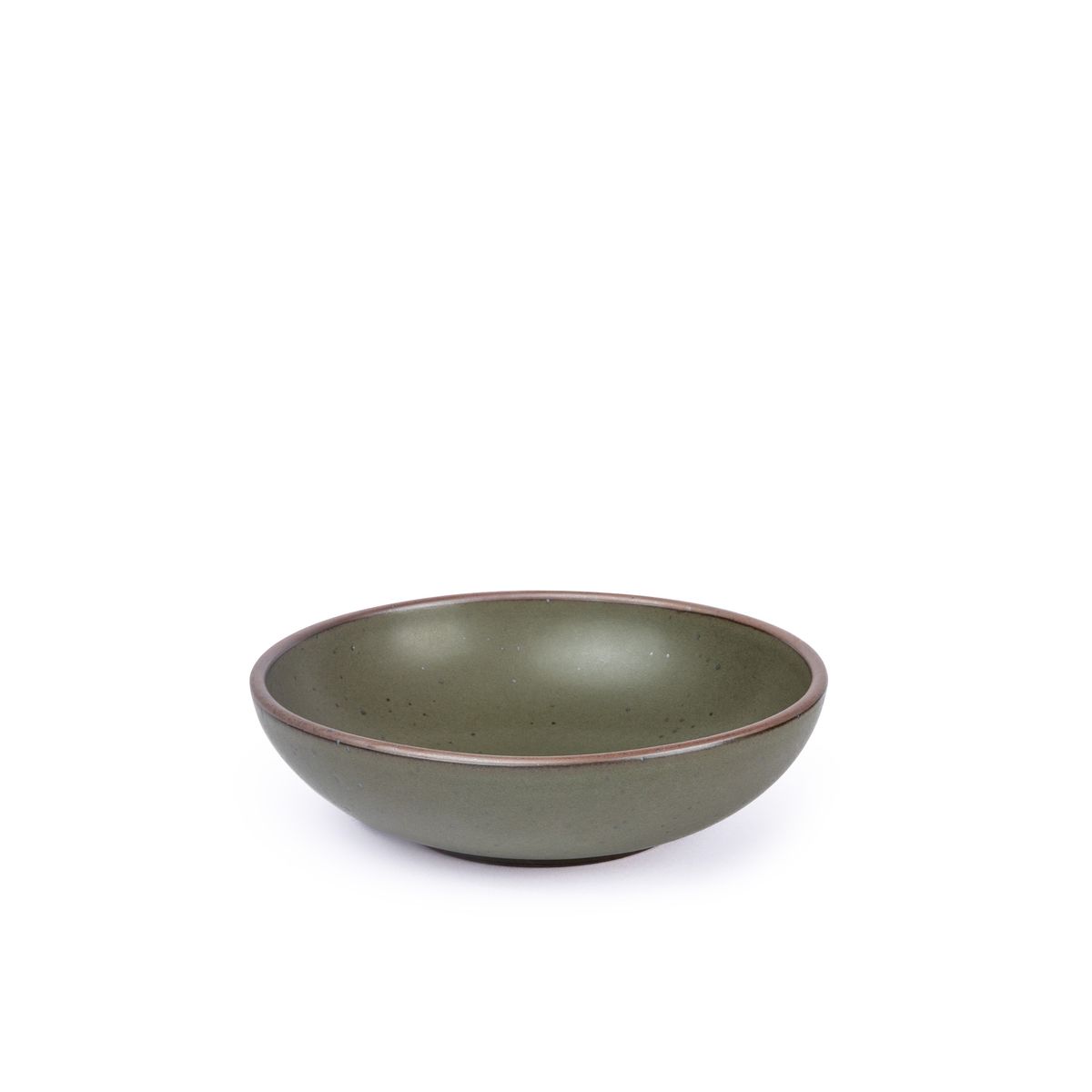 A dinner-sized shallow ceramic bowl in an earthy green color featuring iron speckles and an unglazed rim