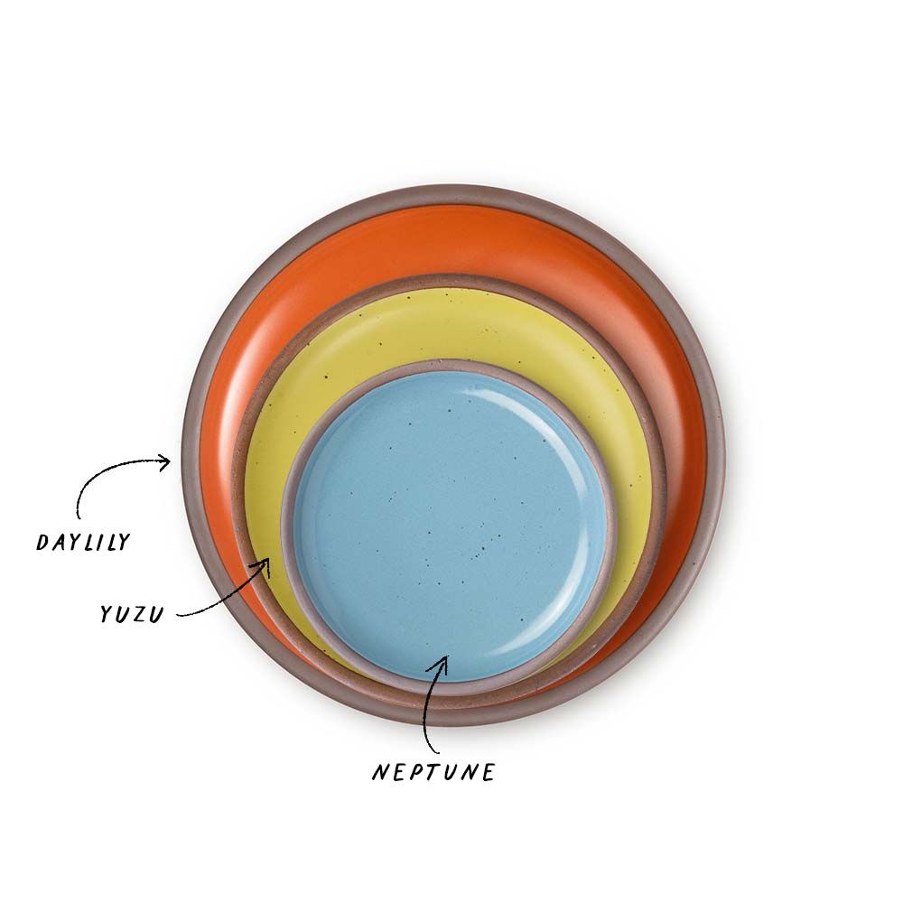 A stack of 3 plates in Dinner, Side, and Cake sizes in bold orange, zesty yellow, and glossy sky blue colors.