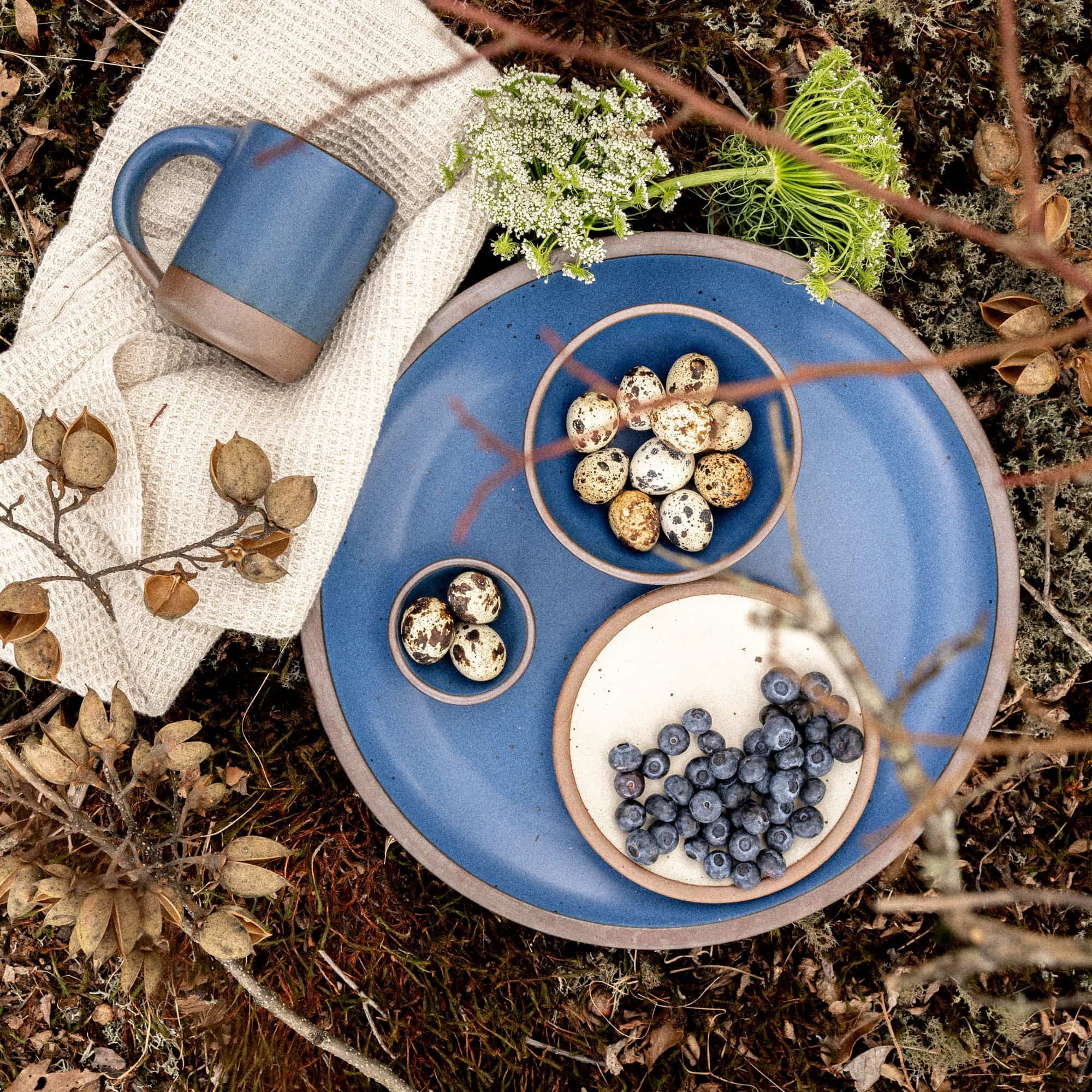 A large Serving Platter in a cool medium blue with small bowls and a small plate outside in a picnic setting