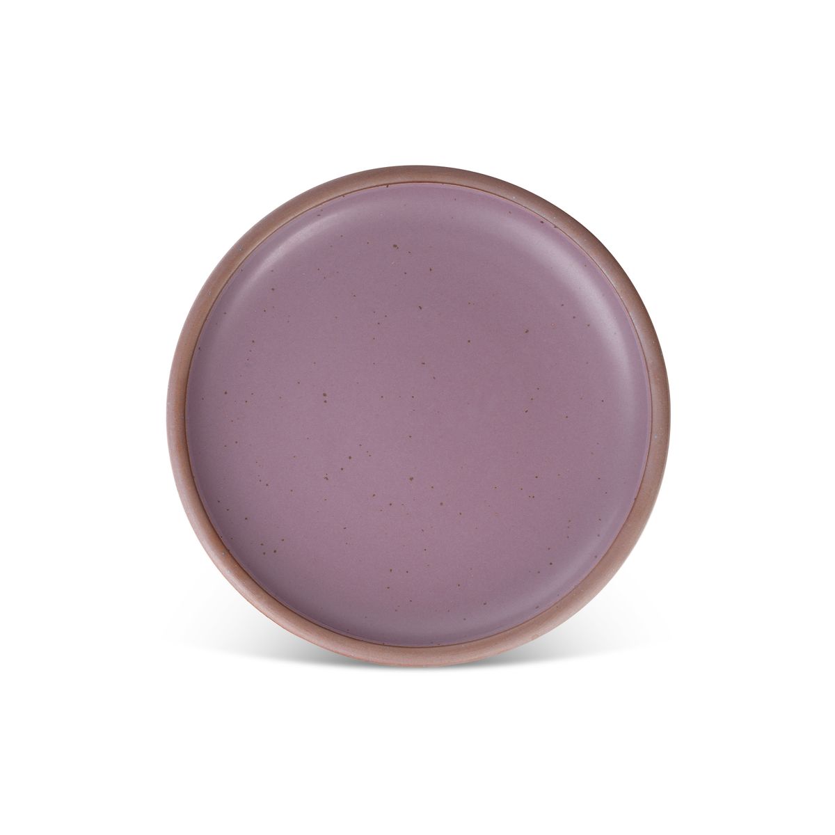 A dinner sized ceramic plate in a soft mauve purple color featuring iron speckles and an unglazed rim