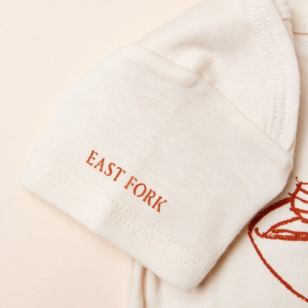 East Fork logo on the sleeve of a t-shirt