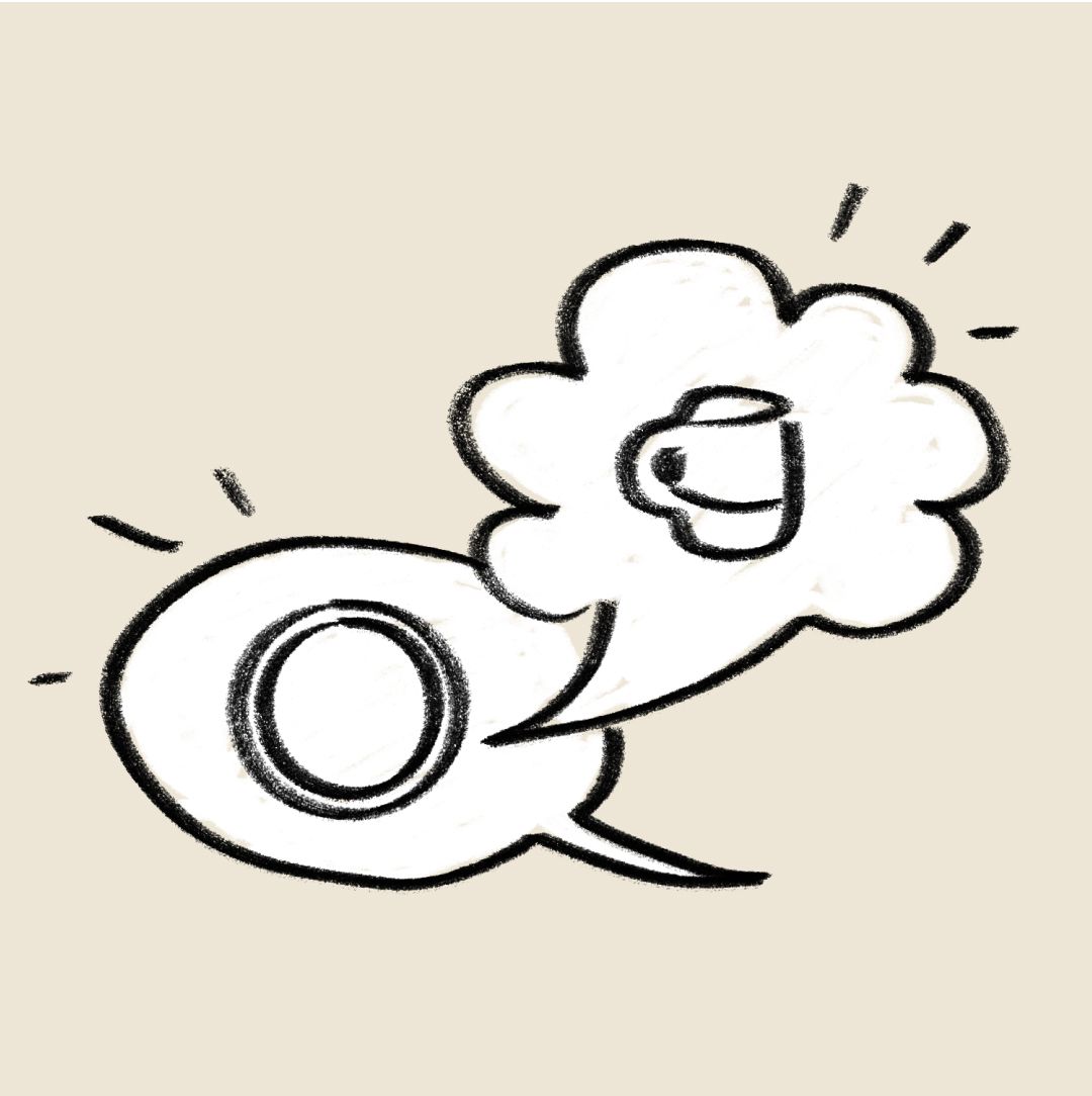 Sketch-style illustration of a speech bubble with a mug inside a thought cloud, all outlined in black on a beige background.
